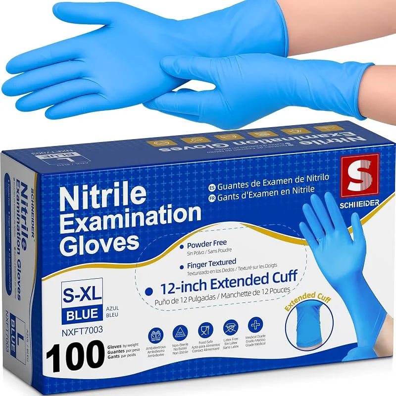 Extended-Cuff Nitrile Gloves. 12-inch cuff, Medium, Box of 50