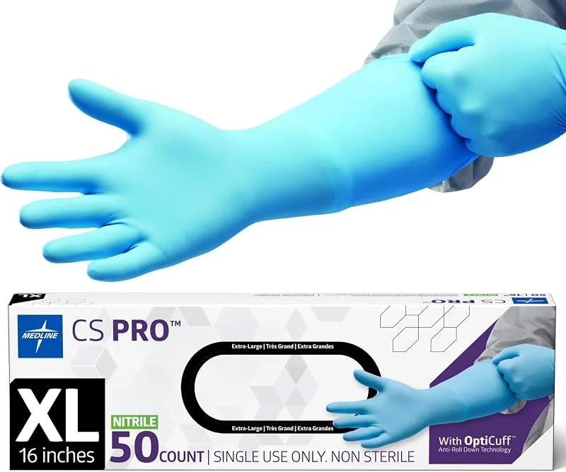 Longcuff Nitrile Gloves. 16-inch cuff, X-large, Box of 50