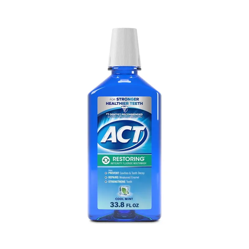 ACT Restoring Anticavity Fluoride Mouthwash With 11% Alcohol, Repairs Enamel & Strengthens Teeth, Cool Mint, 33.8 fl. oz.. 33.8 oz, Fluoride, Mint