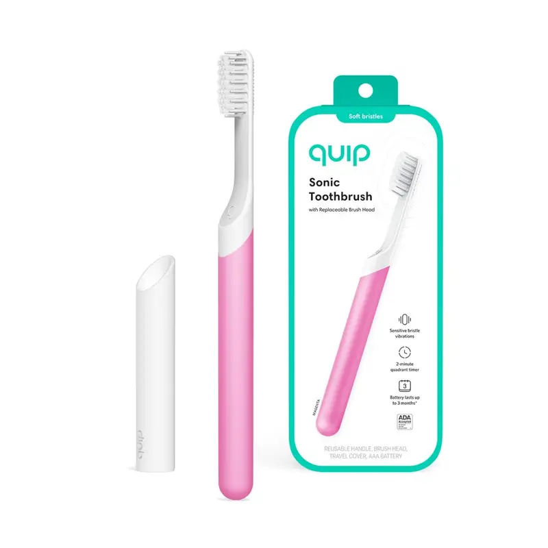 Quip Adult Electric Toothbrush Full Head, Built-in Timer + Travel Case, Magenta Plastic. Travel cover, Electric