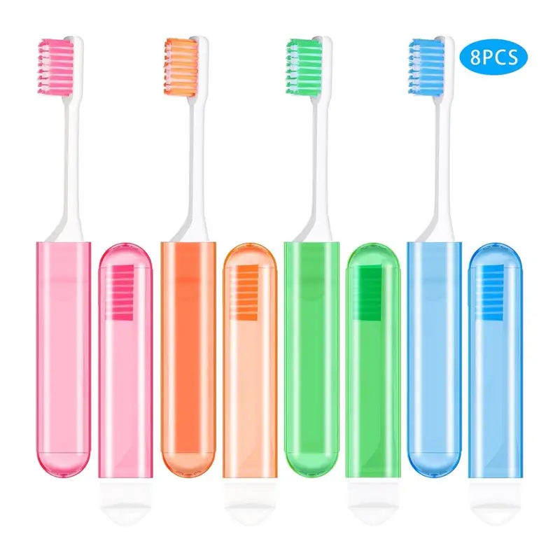 Abaima 8 Pieces Travel Toothbrush, Folding Toothbrush with Waterproof Box, Soft Bristles Portable Travel Size Toothbrush for Travel, Camping, School, Home (4 Colors). 8 Pieces, Folding, Travel size