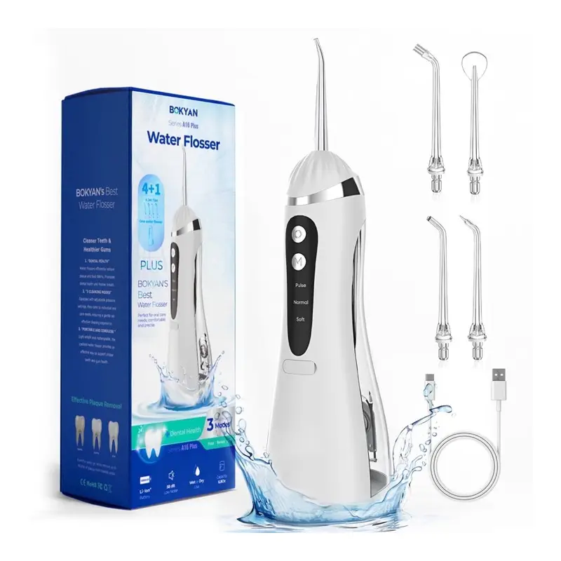 Bokyan Water Flosser for Teeth, cordless 200 ML Portable Electric Flossing Cleaner Rechargeable, Dental Hygiene, White. 200 ML, Rechargeable