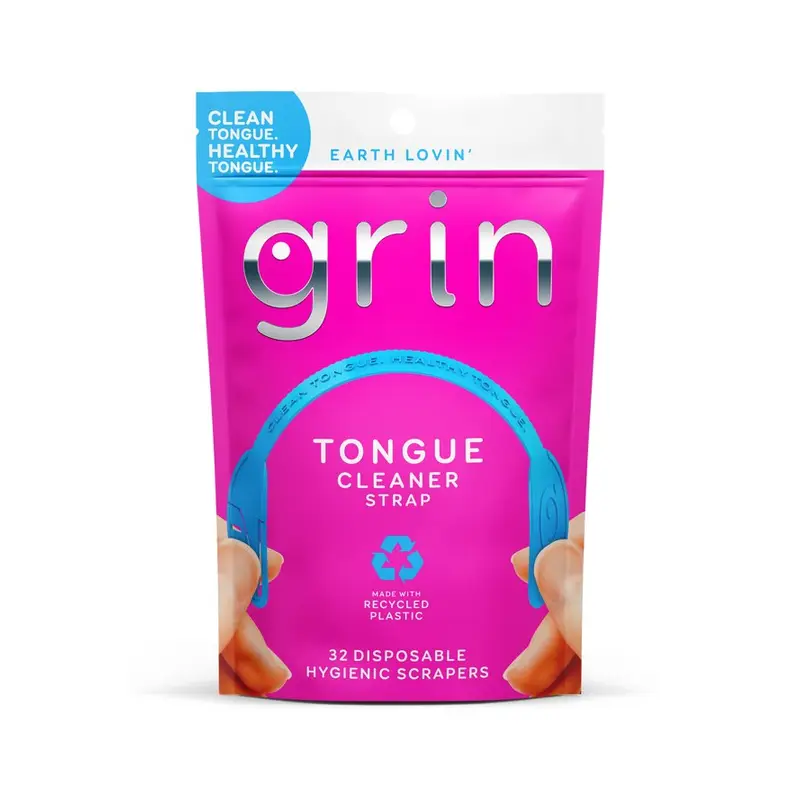 Grin Tongue Cleaner Strap - 32 ct - Disposable Tongue Scrapers for Adults, Recycled Plastic, Dual-Edge Scraper, Gently Removes Bacteria From Tongue, Safe Fold-Back Pick, Promotes Fresh Breath. 32 ct, Walmart listing