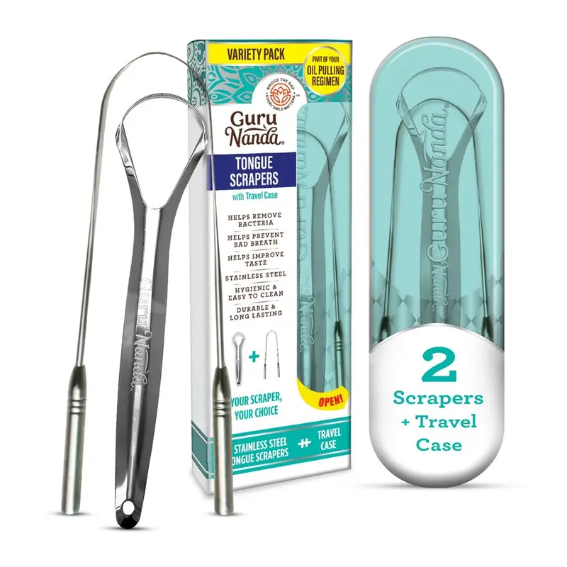 GuruNanda Spoon & U-Shaped Tongue Scraper with Travel Case, Stainless Steel, 2 Pack. 2 Pack, Travel case, Travel size