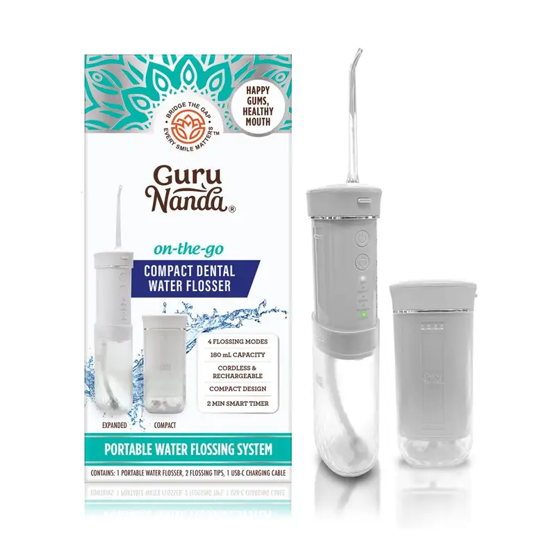 GuruNanda Compact Dental Water Flosser, Travel Size Oral Irrigation, 180 mL, White. 180 mL, Travel size