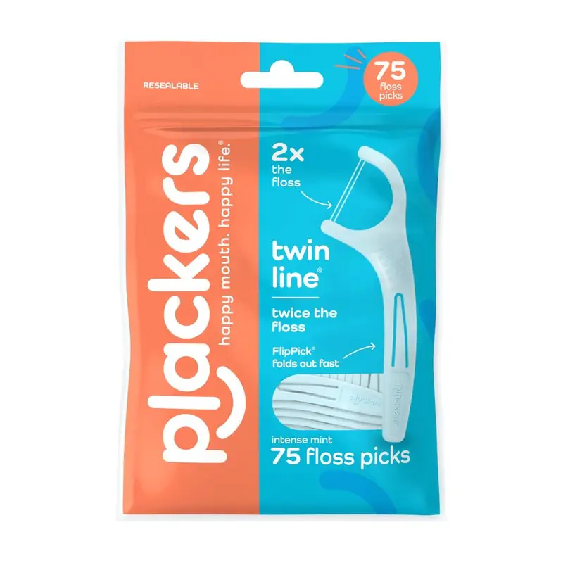 Plackers® Twin Line® Floss Picks with Tuffloss® Fiber & FlipPick®, Intense Mint, Double-Line Flosser for Effective Plaque Removal, 75 Count. 75 Count, Mint