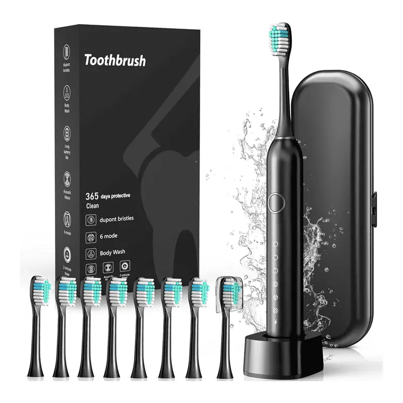 Scootworks Sonic Electric Toothbrush, Adult Toothbrush Electric with 8 Brush Heads, 6 Modes, Wireless Fast Charge, 40000 VPM Deep Clean, Travel Case, Smart Timer, Black. 8 Brush Heads, Travel case, Travel size