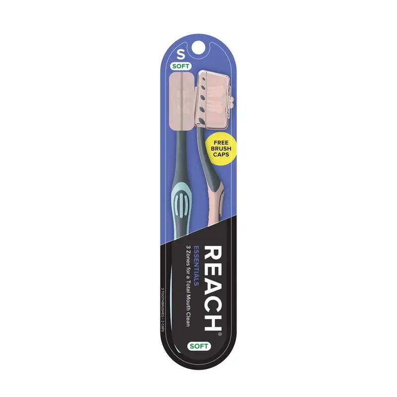 Reach Essentials Manual Toothbrush with Cap, Soft, 2 Count. 2 Count, Travel cover, Soft