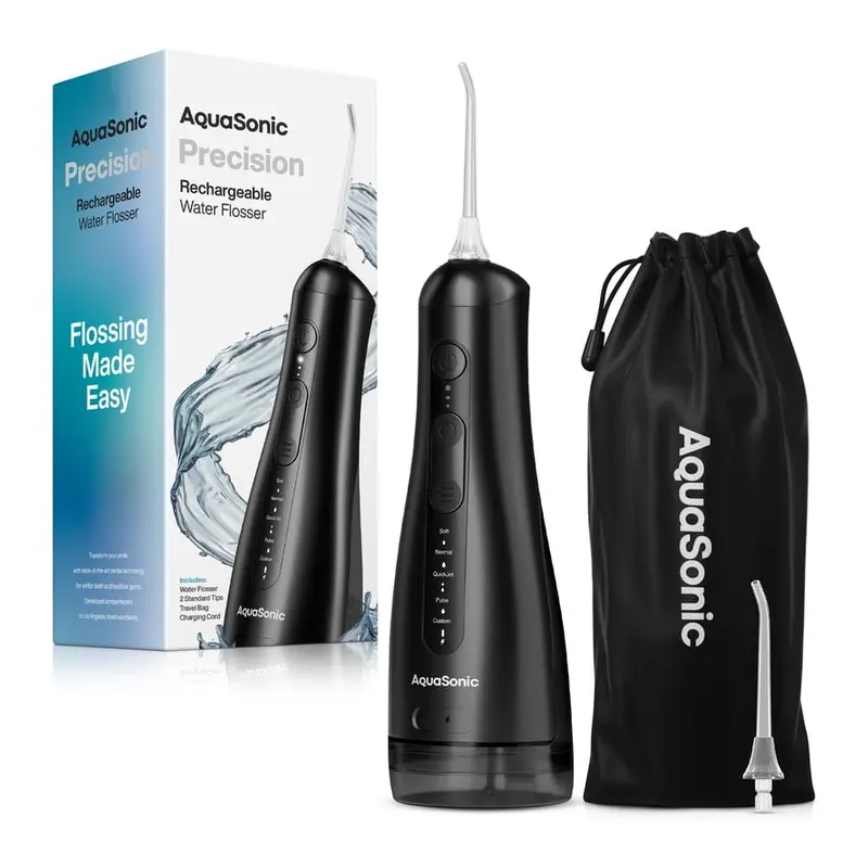 AquaSonic Precision Rechargeable Cordless Water Flosser with Travel Bag and 2 Standard Flossing Tips - Black. Travel size, Cordless