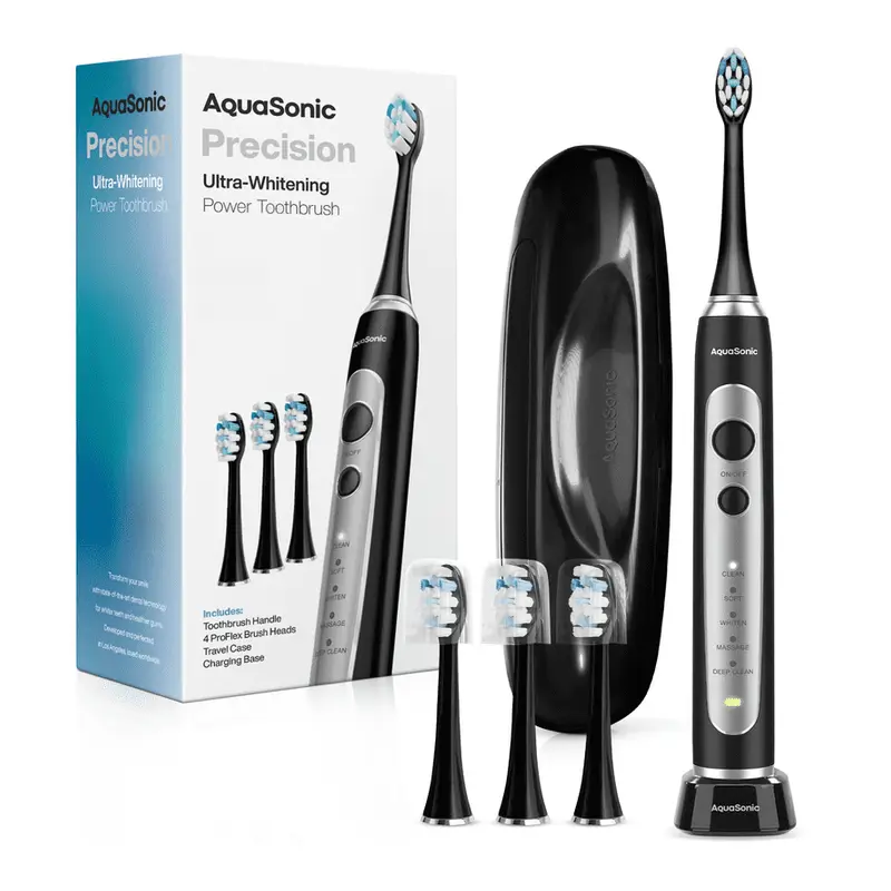 AquaSonic Precision Rechargeable Electric Toothbrush, 5 Modes, 4 Brush Heads, Travel Case, Black. Travel cover, Electric