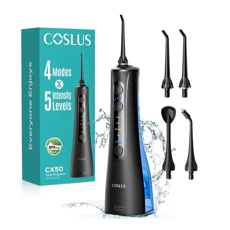 COSLUS CX50 Water Flosser Pick For Teeth,4 Modes 5 Intensities,Portable Rechargeable Water Dental Flosser Oral Irrigator for Travel Home Black. Travel size, Walmart listing