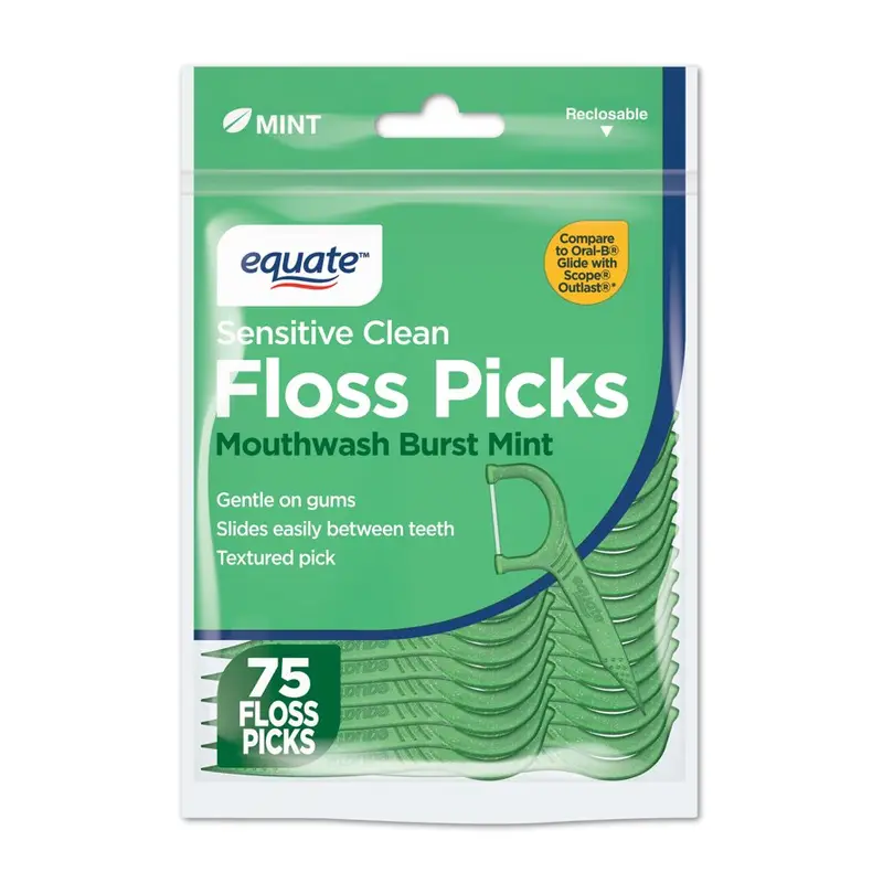 Equate Sensitive Clean Floss Picks, Mouthwash Burst Mint, 75 Count. 75 Count, Mint