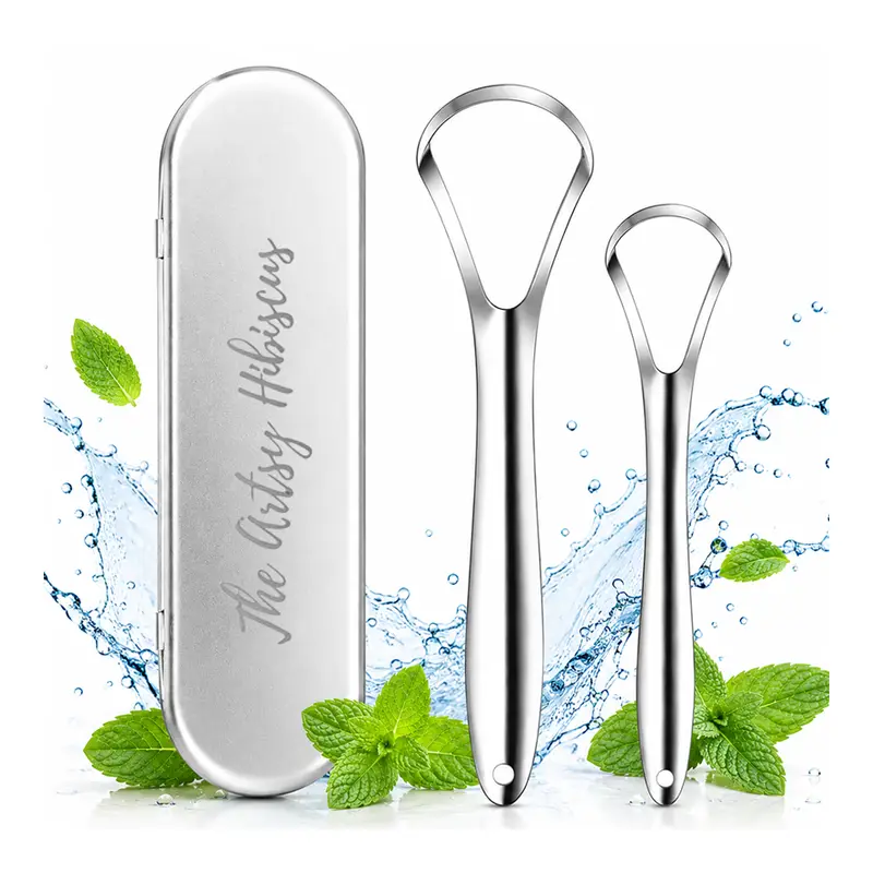 The Artsy Hibiscus Stainless Steel Tongue Cleaner For Adults and Children with Travel Case - Fights Bad Breath. Travel cover, Kids