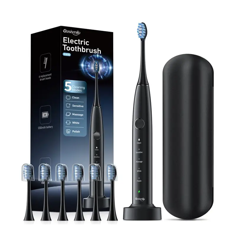 OasiSmile Sonic Electric Toothbrush Set for Adults with Travel Case, 6 Brush Heads, 100-Day Battery Life, 5 Modes 42000 VPM Rechargeable Power Toothbrush, Black. Travel cover, Electric
