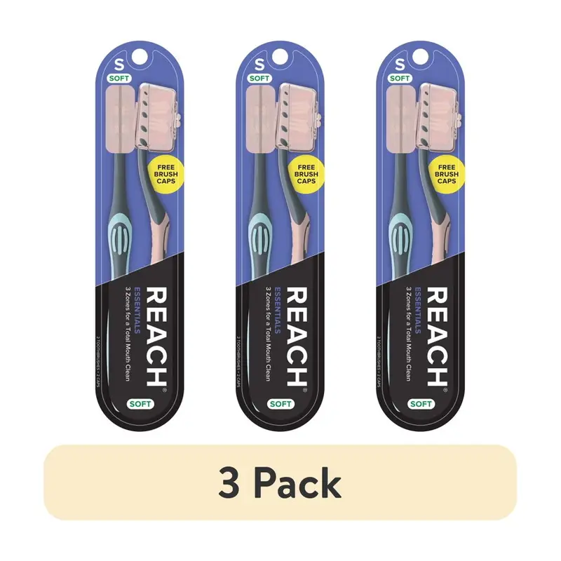 (3 pack) Reach Essentials Manual Toothbrush with Cap, Soft, 2 Count. 3 pack, Soft, Travel cover