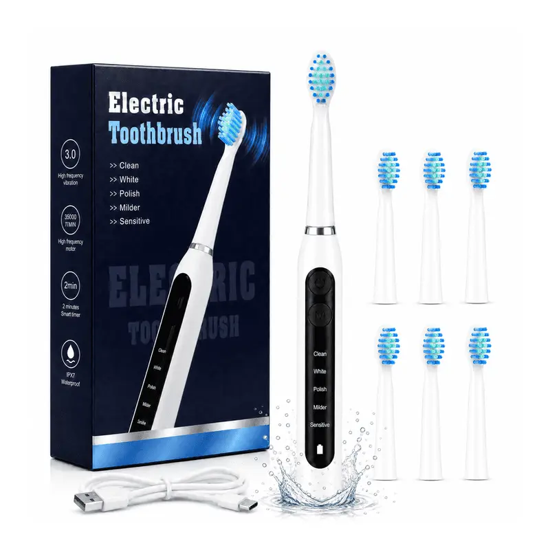 Electric Toothbrush for Adults, 5 Cleaning Modes, IPX7 Waterproof, 2-Minute Smart Timer, USB-C Rechargeable, 500mAh Battery. Rechargeable, Walmart listing