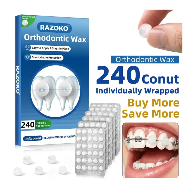 RAZOKO Pre-Cut Orthodontic Wax for Braces | 240 Individually Wrapped Unflavored Dental Wax Dots for Brackets & Wires. Walmart listing, Oral care