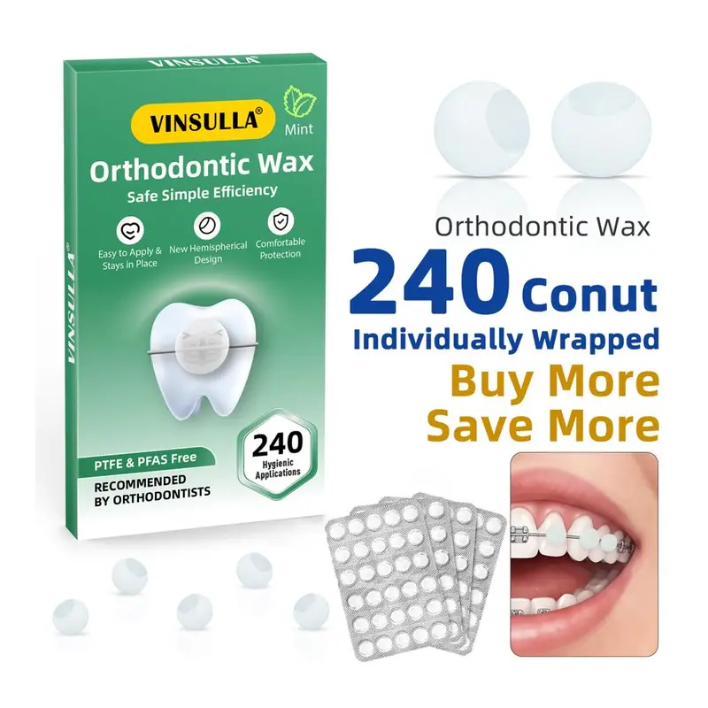 VINSULLA Orthodontic Wax for Braces - 240 Dots, Individually Wrapped Dental Wax, Relieves Pain from Braces & Other Orthodontic Appliances, Mint. Mint, Walmart listing