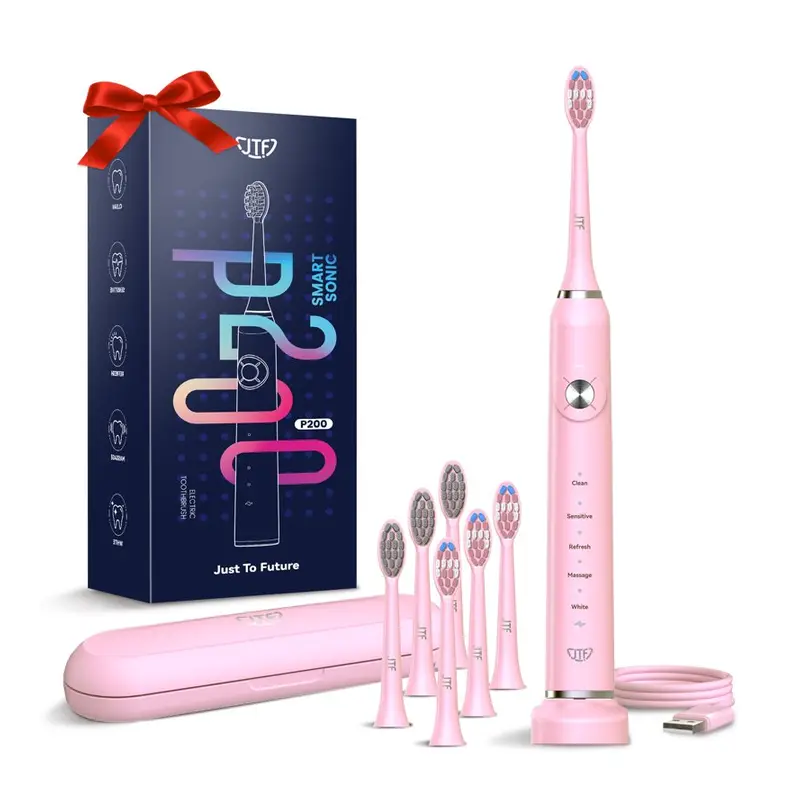 JTF Sonic Electric Toothbrush for Adults and Kids with Travel Case and 6 Brush Heads, 5 Modes 40000 VPM Rechargeable Power Toothbrush with Wireless Charger, IPX7 Waterproof 60-Day Battery Life, Pink. Travel cover, Kids, Electric
