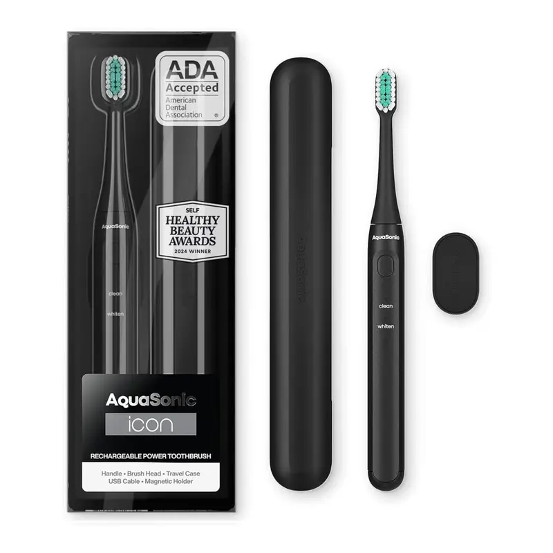 AquaSonic Icon Slim Electric Toothbrush - For Adults and Kids, Magnetic Holder, Travel Case, Rechargeable (Black). Travel cover, Kids, Electric