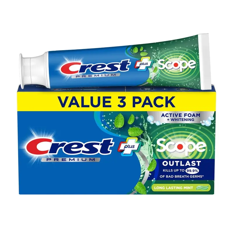 Crest Toothpaste, Premium Plus Scope Outlast Fluoride Toothpaste, Mint, 5.2 oz, 3 pack. 5.2 oz, 3 pack, Fluoride