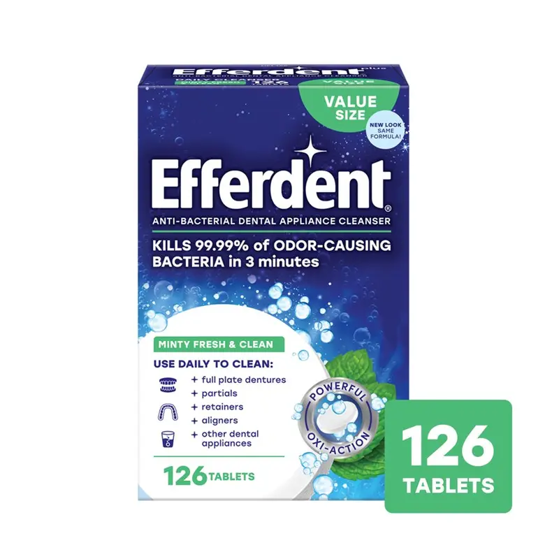 Efferdent Retainer & Denture Cleaner Tablets, Minty Fresh & Clean, 126 Count. 126 Count, Walmart listing