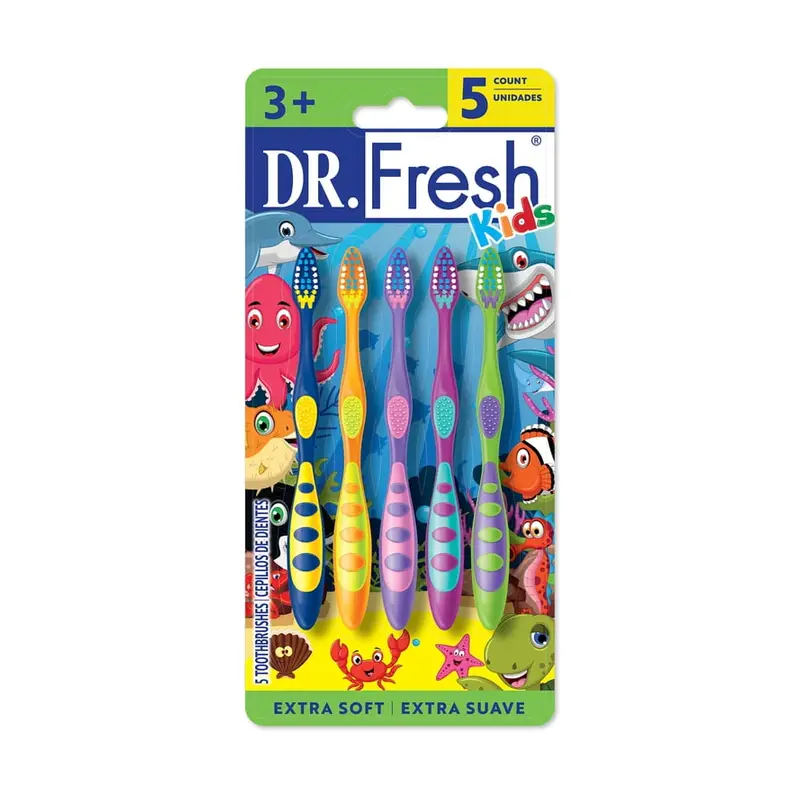 Dr. Fresh Brand Kids Toothbrush with Non-Slip Handle, Tongue Cleaner, Soft Bristles, 5 Count. 5 Count, Soft