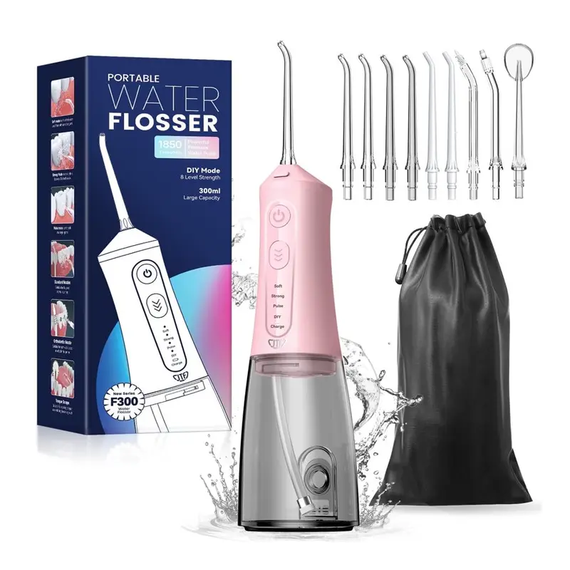 JTF Cordless Water Flosser Dental Teeth Cleaner with 9 Jet Tips, DIY Mode 300ML Tank IPX7 Waterproof Portable Rechargeable Water Flosser Dental Oral Irrigator for Home and Travel, Pink. Travel size, Cordless