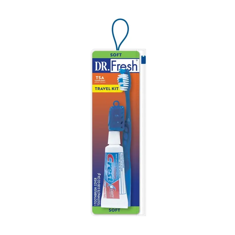 Dr. Fresh Oral Care Toothbrush Travel Kit with Cap & Toothpaste, Soft Bristle. Travel cover, Travel size, Soft