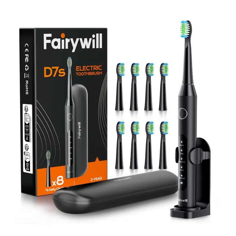 Fairywill Sonic Electric Toothbrush for Adults and Kids, Rechargeable Kit with 8 Dupont Brush Heads & Travel Case, 47000 VPM, 5 Modes, Fast Charge, 60-Day Battery, IPX7 Waterproof, Black. Travel cover, Kids, Electric