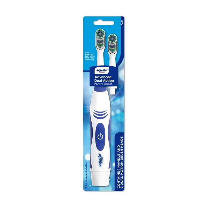 Equate Advanced Dual Action Battery-Powered Electric Toothbrush with 2 Replacement Heads, White. 2 Replacement Heads, Rechargeable