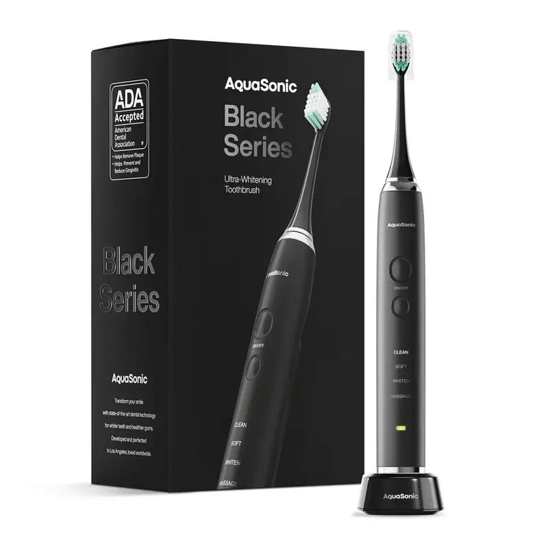 AquaSonic Black Series Electric Toothbrush - Rechargeable, 4 Modes, Travel Case, 8 Brush Heads. Travel cover, Electric