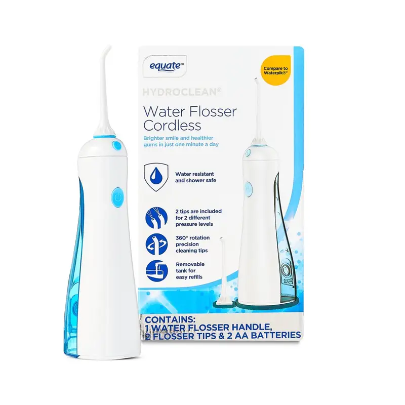 Equate HydroClean Cordless Water Flosser with Removable Tank and 2 Pressure Cleaning Tips, White. Cordless, 2 tips, White